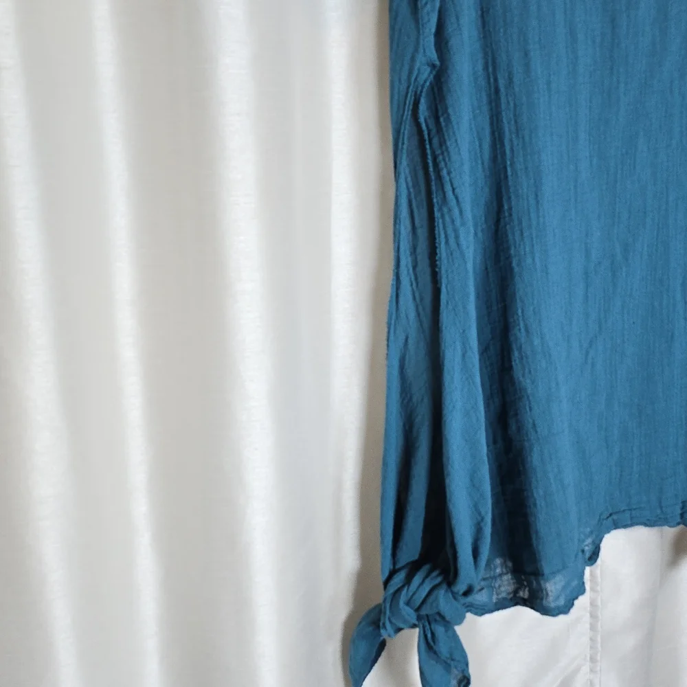 MEO MELI Made In Italy 100% Linen Tunic Top Blue Short Sleeve Lrg/XL Cottagecore - Picture 3 of 15